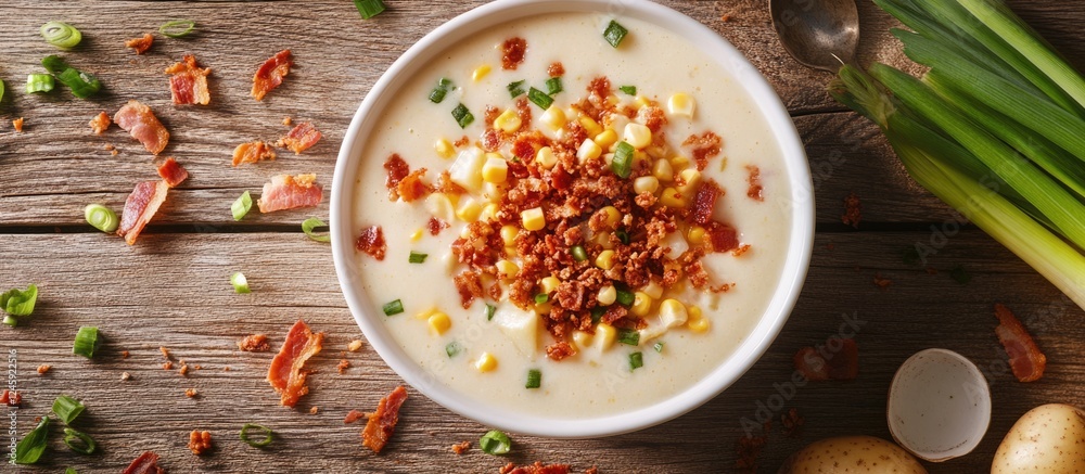Poster delicious cheesy corn chowder with crispy bacon topping served in a white bowl on a rustic wooden ta