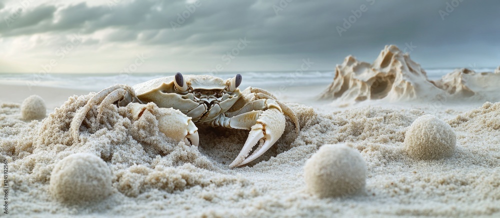 Poster burrow of ghost crab on sandy beach with sand balls and ocean backdrop creating a natural artistic s