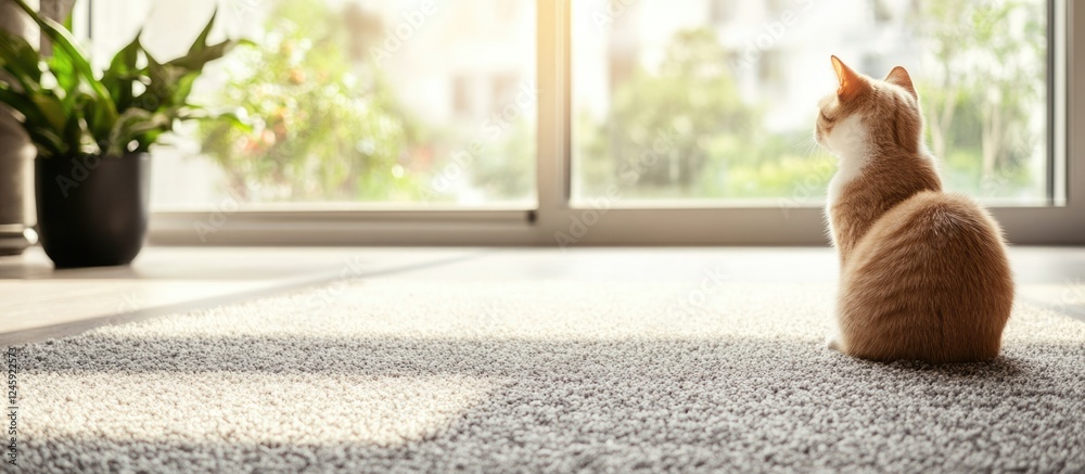 Poster cat relaxing by a window on a carpet with sunlight illuminating a peaceful indoor setting and space 