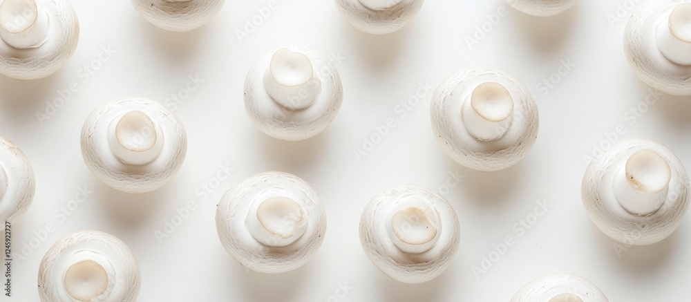 Poster White champignon mushrooms arranged in a top view composition on a white background ideal for culinary or food-related concepts.