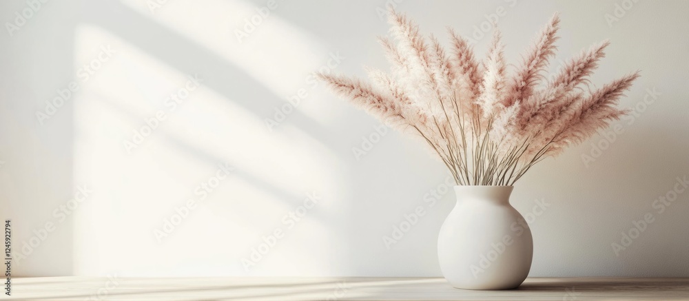 Aufkleber fluffy pink flowers in a minimalist white vase creating a serene holiday atmosphere against a bright