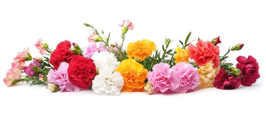 Colorful bouquet of assorted carnations elegantly arranged and isolated on a clean white background for floral design themes.
