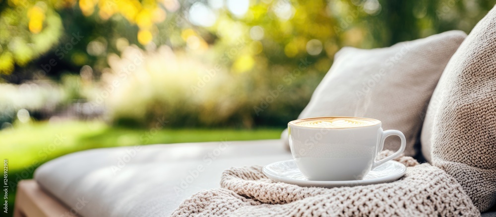 Poster Cappuccino cup on cozy sofa in summer garden with Scandinavian design featuring greenery and space for adding text or content