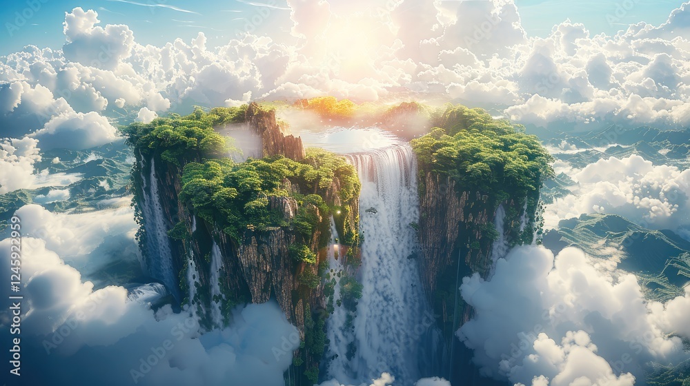 Poster a fantastical waterfall that flows from a floating island in the sky, pouring down to a lush, green 