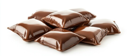 Obraz premium Chocolate cream-filled pillow-shaped candies arranged on a white background showcasing their glossy texture and tempting appeal.