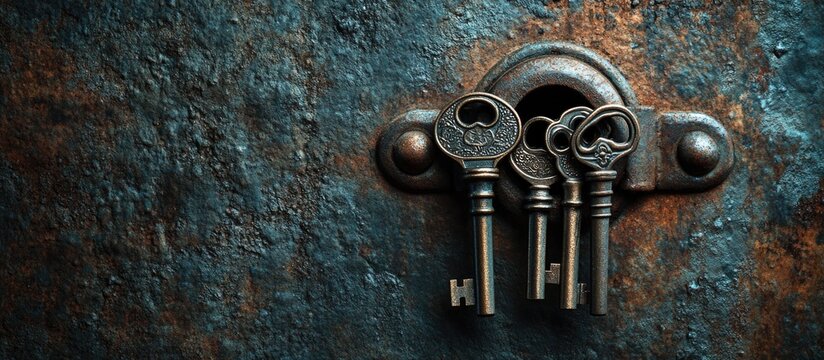 Keys in keyhole on textured metal background symbolizing security and forgotten access to locked spaces