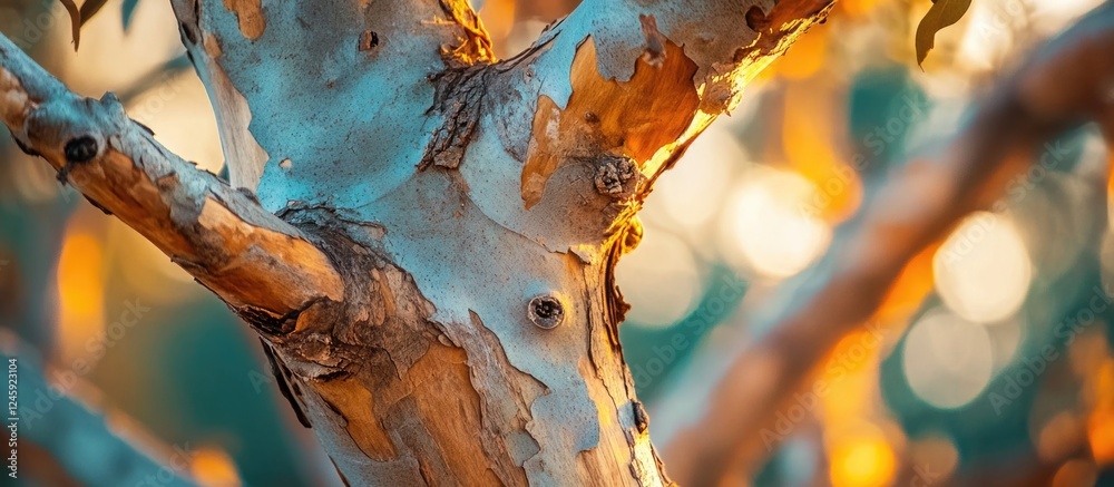 Leinwandbilder Close-up of a textured tree branch illuminated by warm sunlight with a bokeh background creating a serene and tranquil atmosphere.