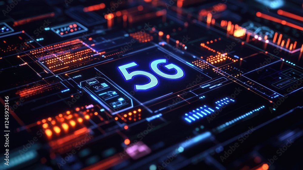 Poster Close-up of an autonomous vehicle's control interface, displaying operational data and a vibrant 5G signal logo, showcasing the high-tech communication network.