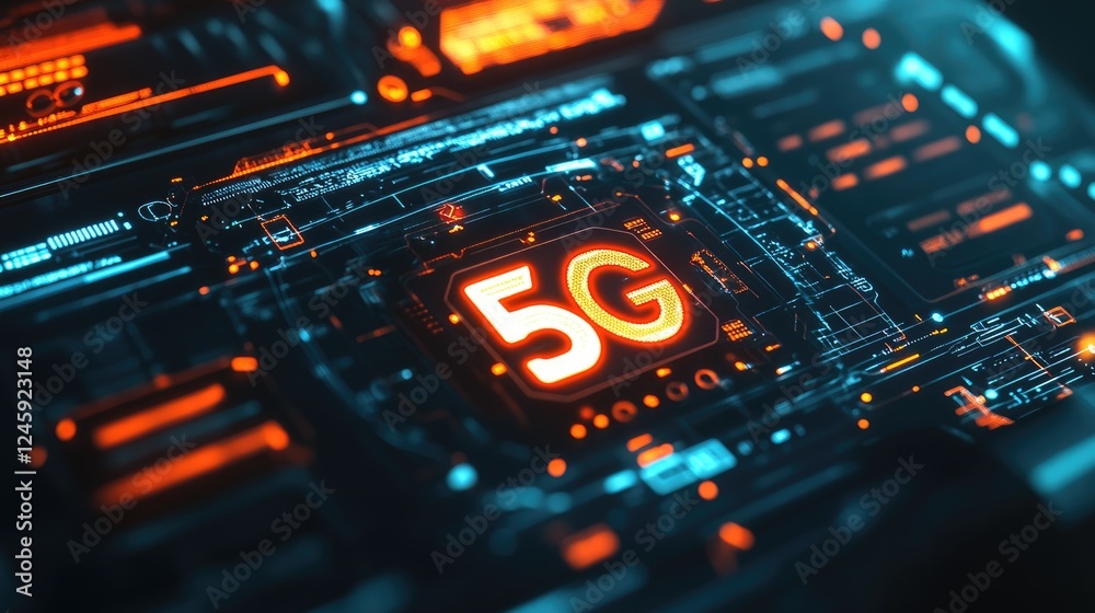 Aufkleber Close-up of an autonomous vehicle's control interface, displaying operational data and a vibrant 5G signal logo, showcasing the high-tech communication network.