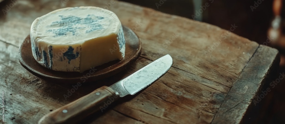 Poster moldy cheese on a plate with a knife placed on a rustic wooden table background close-up shot for go