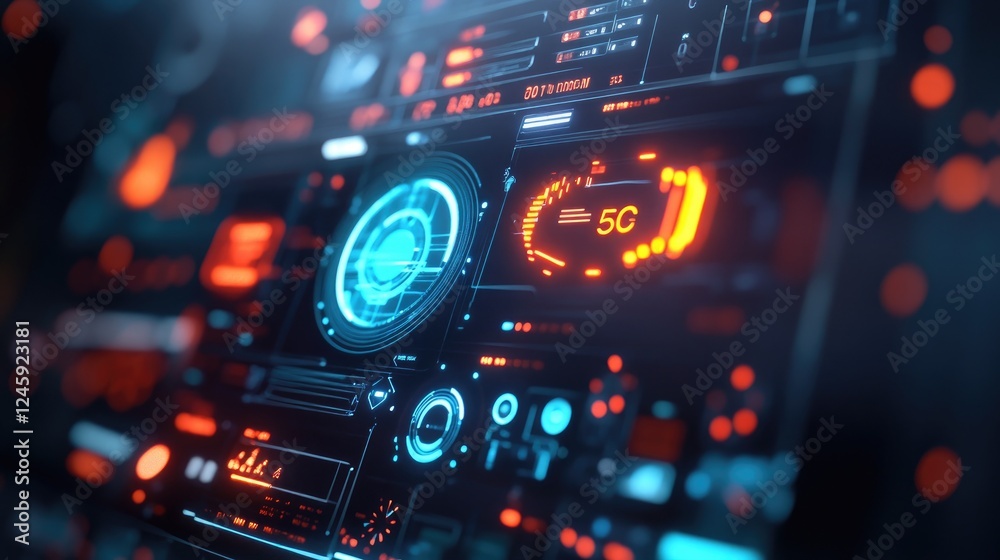 Poster Close-up of an autonomous vehicle's control interface, displaying operational data and a vibrant 5G signal logo, showcasing the high-tech communication network.
