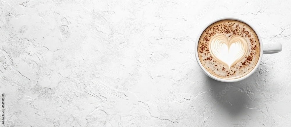 Aufkleber Cappuccino cup with heart shaped froth on white table clean background side view coffee art with empty space for text