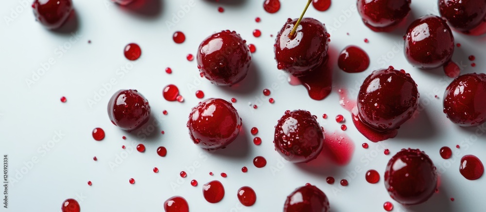 Poster Close-up view of ripe cherries with juice droplets on white background creating an artistic and vibrant fruit composition.