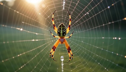 Yellow and Black Spider Resting on Dewy Web in Serene Morning Light