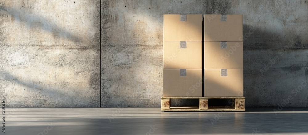 Aufkleber cardboard boxes on wooden pallet in warehouse with concrete wall and empty space for custom text dis