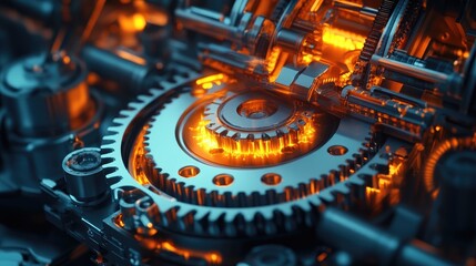 Fototapeta premium Close-up of an industrial machine at work, with glowing components and metal parts in production, symbolizing precision and technology in manufacturing.