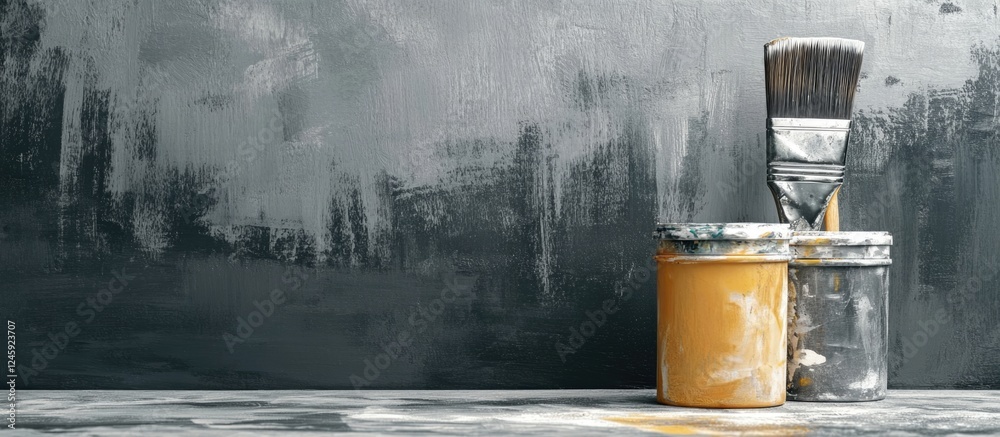 Poster Brush and paint can on a textured surface with empty space for text showcasing a creative workspace or home improvement project.
