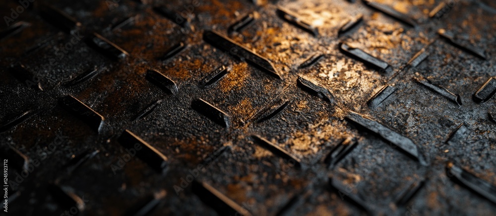 Poster textured scratched iron surface with warm lighting patterns suitable for industrial design and backg