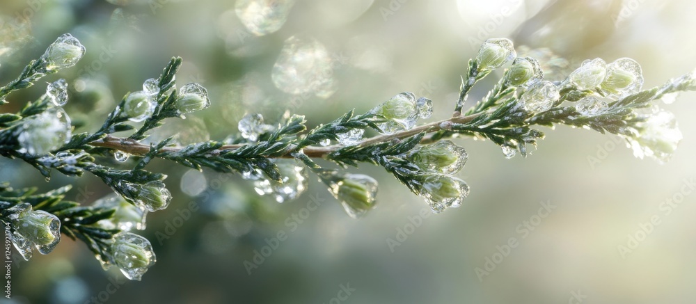 Poster dewy thuja branch with fresh buds illuminated by soft morning light creating a serene natural atmosp