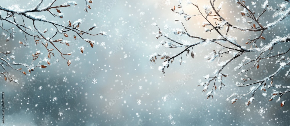 Poster winter tree branches covered in snow against a cloudy backdrop creating a serene, tranquil atmospher