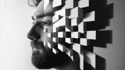 Man with beard observing wall with geometric illusions and zen papaya artwork in modern space