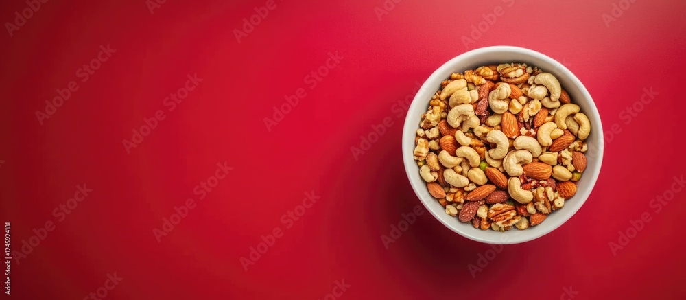 Aufkleber Bowl of Assorted Nuts Including Almonds Cashews Walnuts and Pecans on Red Background with Room for Text or Branding