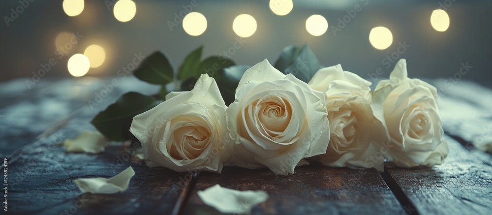 Poster elegant white roses arranged on a rustic table with soft lighting and blurred bokeh background creat
