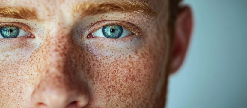 Freckled man with captivating blue eyes showcasing texture and detail, ideal for personalized text or marketing use.
