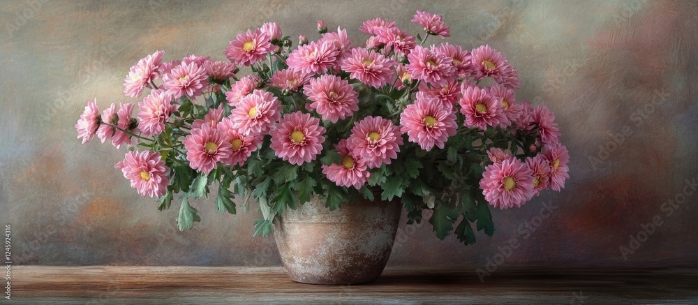 Poster vibrant bouquet of pink chrysanthemum flowers in a rustic vase against a textured background creatin