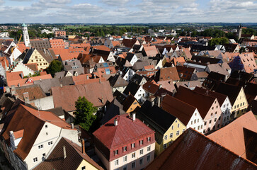 red gothic roofs of the medieval town of Memmingen in Germany view from the church bell tower