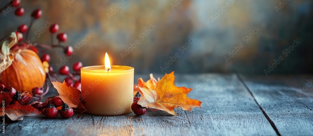 Poster candle on wooden table surrounded by autumn leaves pumpkins and seasonal decorations with space for 
