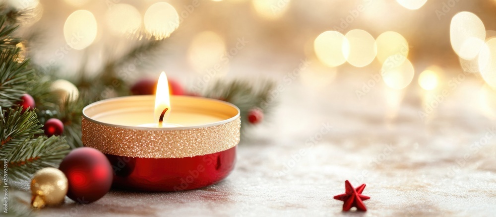 Aufkleber burning candle surrounded by festive christmas decorations with a warm cross filter effect creating 