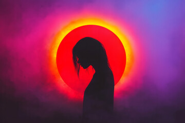A distant silhouette of a woman facing a bright sun disk, rainbow light rays cascading around her