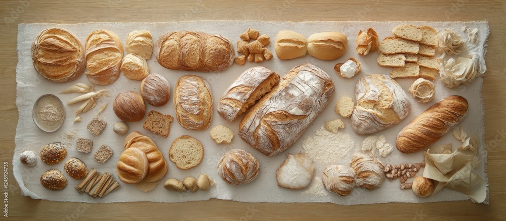 Poster bakery products background with various types of bread and pastries arranged aesthetically for culin