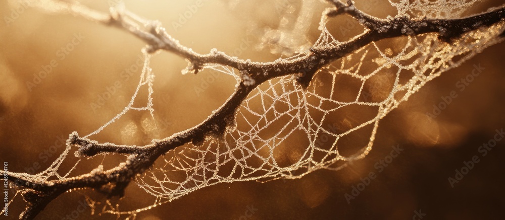 Poster frosted cobweb on a branch illuminated by soft light with a warm brown background highlighting intri