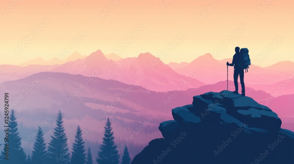 Aufkleber silhouette of a hiker on a mountain ridge during sunset capturing a moment of tranquility and advent