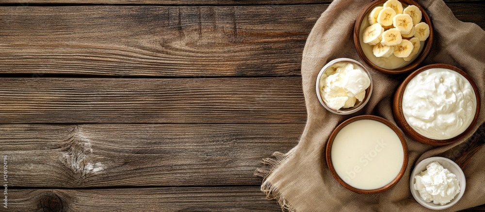 Aufkleber fresh dairy products and ripe bananas on rustic wooden backdrop with blank space for creative text o
