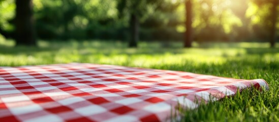 Checkered picnic tablecloth on vibrant green grass in sunlight inviting outdoor dining and relaxation space for text or branding