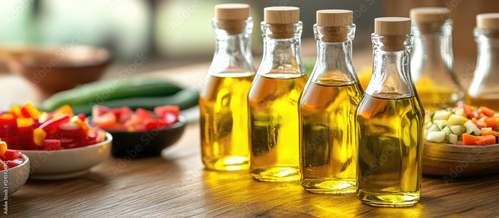 Poster bottles of cooking oil with fresh chopped vegetables in bowls on wooden table showcasing empty copys