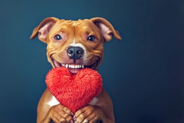 Promotion visual idea art. Cute american staffordshire terrier doggy with fluffy red heart - sign of love, funny greeting card. American staffordshire terrier - my beloved dog. Dog and roses.