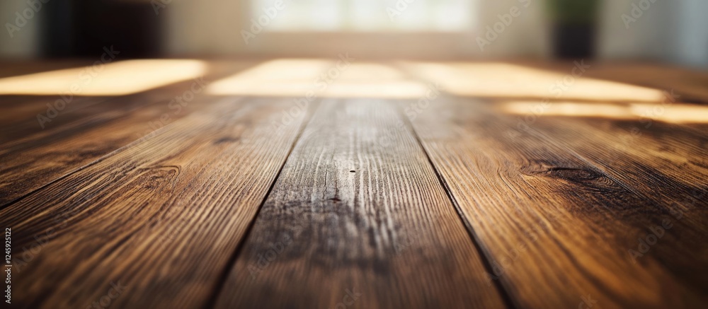 Poster natural brown wooden tabletop with selective focus highlighting texture and warmth in a softly lit i