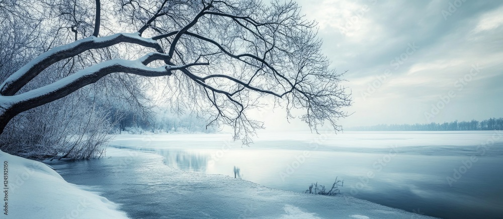 Poster winter tree branches by a serene lake with snow-covered landscape and overcast sky creating a tranqu