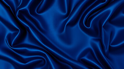 Fototapeta premium Beautiful dark blue silk satin background. Soft folds on shiny fabric. Luxury background with copy space for text, design. Web banner. Flat lay, top view table.Birthday, Christmas, Generative AI