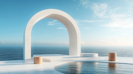 Modern Coastal Product Display Podium with Wooden Pedestals and Archway at Sea View