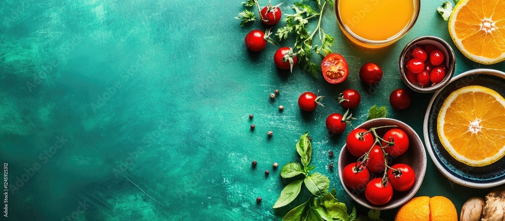 Poster breakfast spread with fresh cherry tomatoes oranges and juice on vibrant green background with space