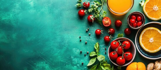 Breakfast spread with fresh cherry tomatoes oranges and juice on vibrant green background with space for text or advertising purposes