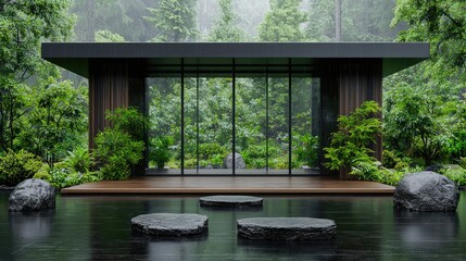 Naklejka premium Modern pavilion, forest setting, zen garden, rain, tranquility, spa retreat
