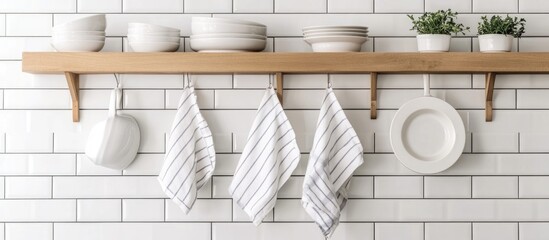 Modern kitchen display with clean white dishes and striped towels hanging on wooden pegs against a minimalist tiled wall for branding space.