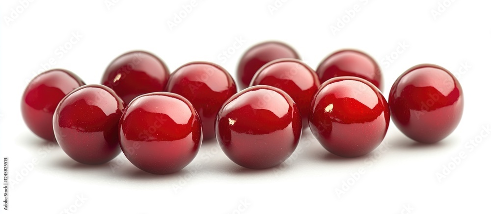 Poster fresh and shiny red cherries grouped together on a clean white background showcasing their vibrant c