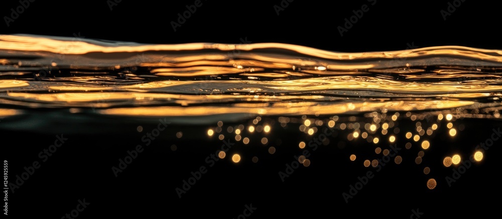 Poster Golden bubbles reflecting light on the surface of water creating a textured pattern against a dark background